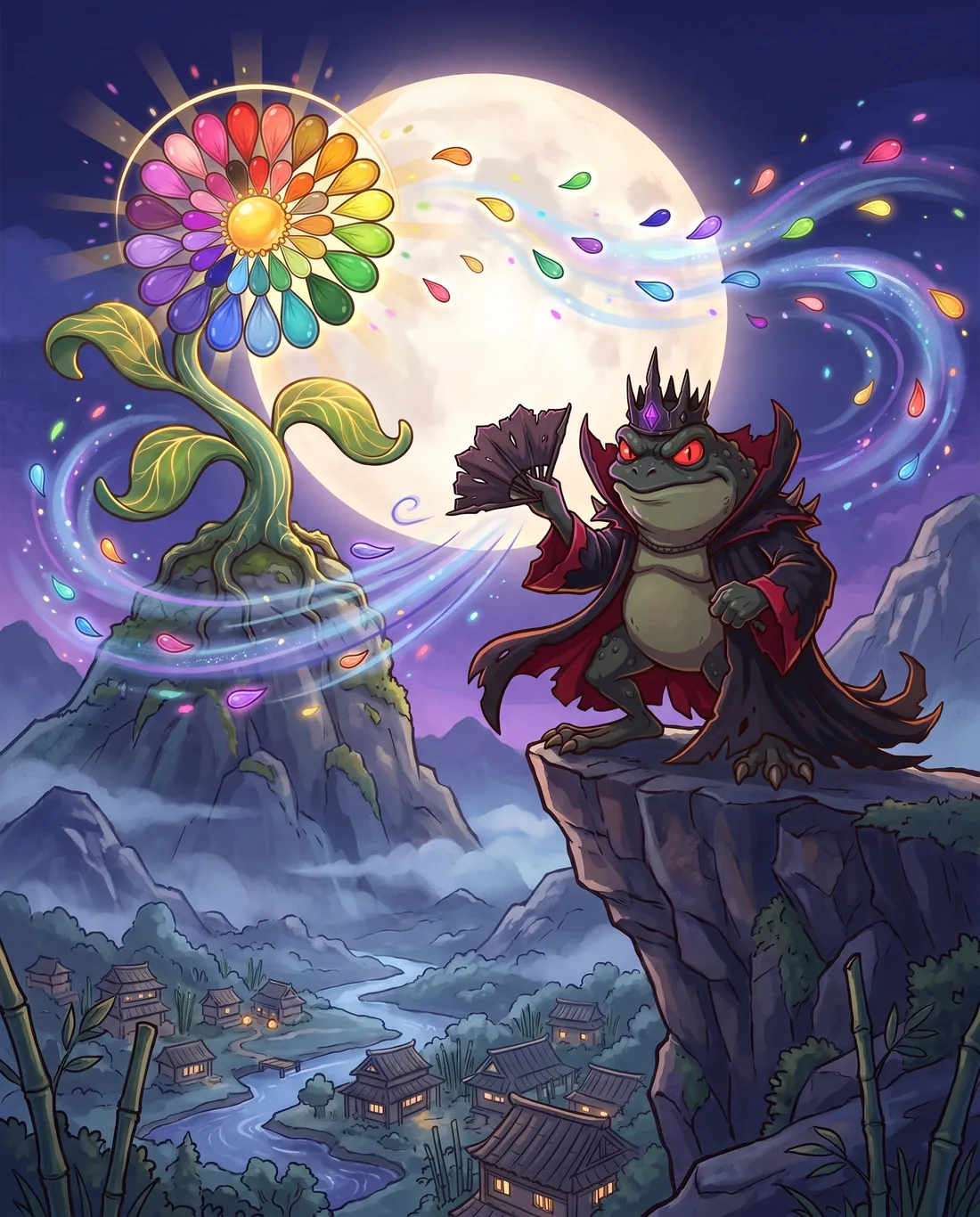 Baron Muddle flaps his fan under the moon, tearing the glowing petals off the World Flower