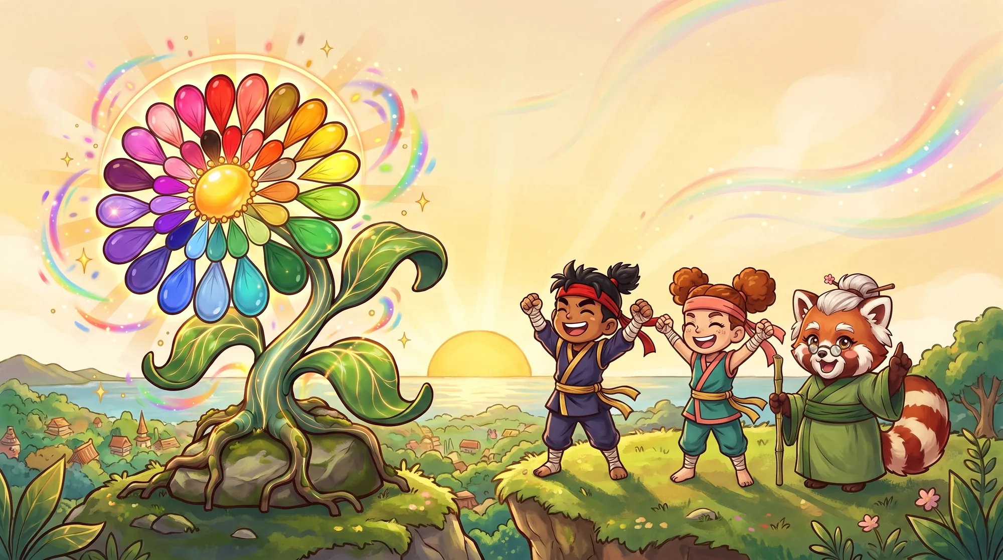 Kai, Suki and Sensei Maple cheer as the World Flower blooms again at sunrise