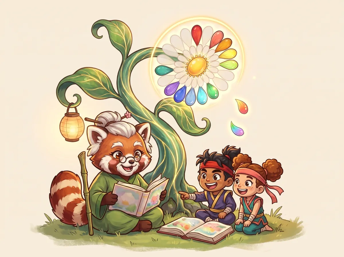 Sensei Maple reads a picture book with Kai and Suki at the foot of the World Flower