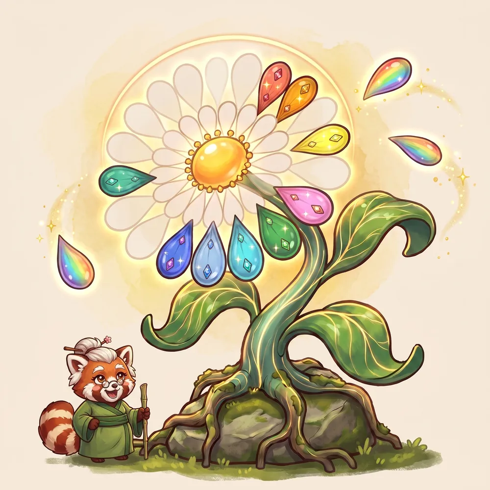 Sensei Maple gazes up at the World Flower as its jewel-coloured petals, set with gems, fly home